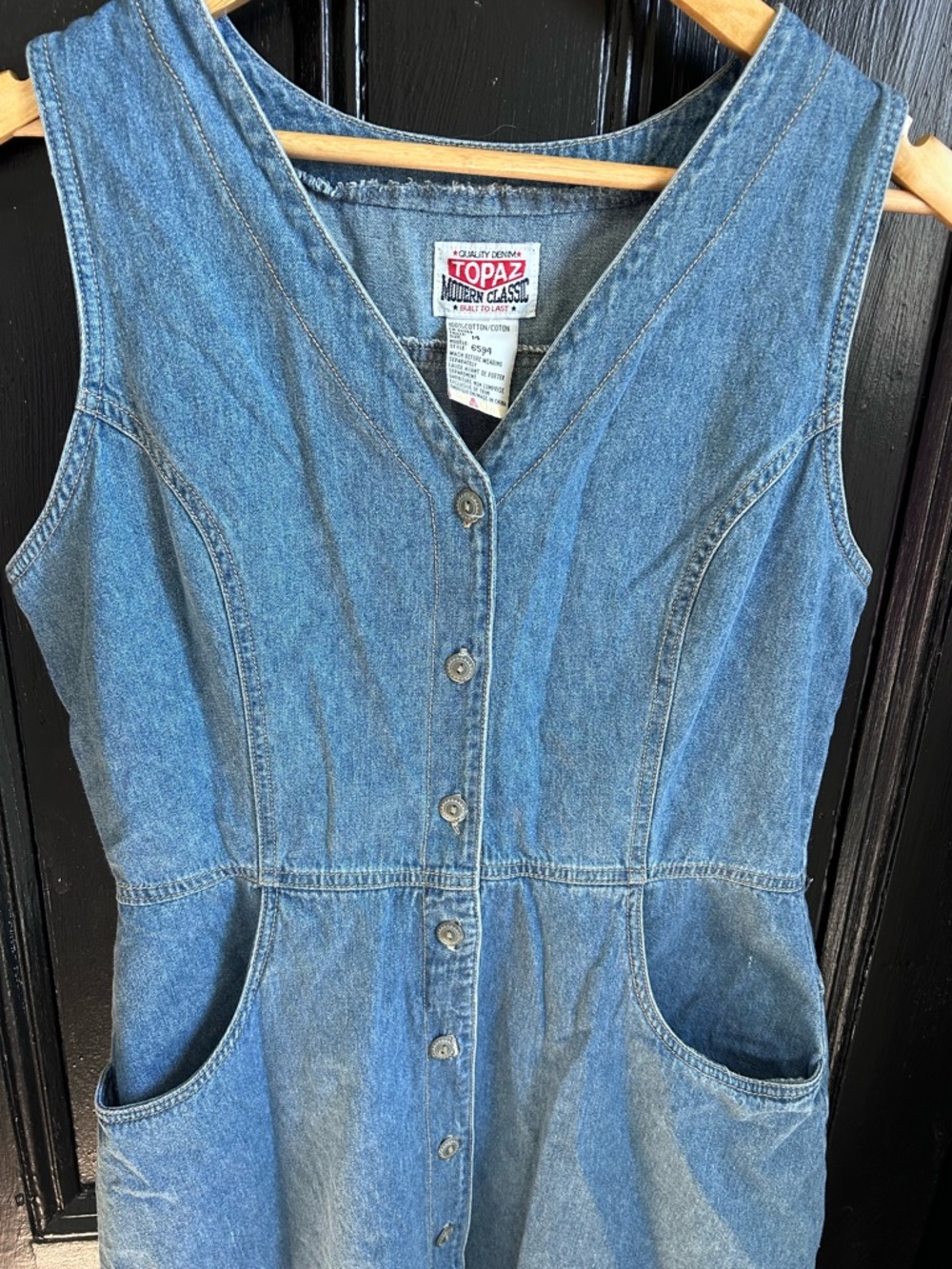 Vintage-Blue Denim Button-Front Dress w. Pockets - Picture 4 of 9
